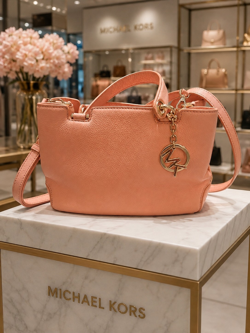 Michael Kors Coral Pink Leather Shoulder Tote with Gold MK Charm
